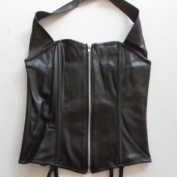 Black Faux Leather Zip Front Halter Corset Set - NEW - Picture 4 of 8